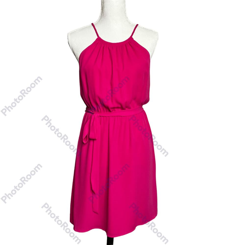 Ann Tylor Loft Dress Womens Pink Halter SZ 4 Knee Length Braided Straps Belt